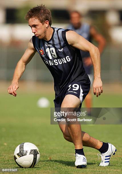 Evan Berger of the Victory controls the ball during a Melbourne Victory A-League training session held at Gosch's Paddock February 19, 2009 in...