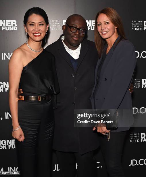 Xia Ding, Edward Enninful and Caroline Rush attend the BFC Vogue Fashion Fund and JD.COM cocktail party hosted by Caroline Rush and Xia Ding at the...