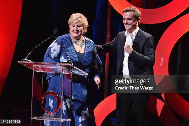 Prime Minister of Norway Erna Solberg and Co-Founder and CEO of Global Citizen and Global Poverty Project Hugh Evans speak onstage during Global...