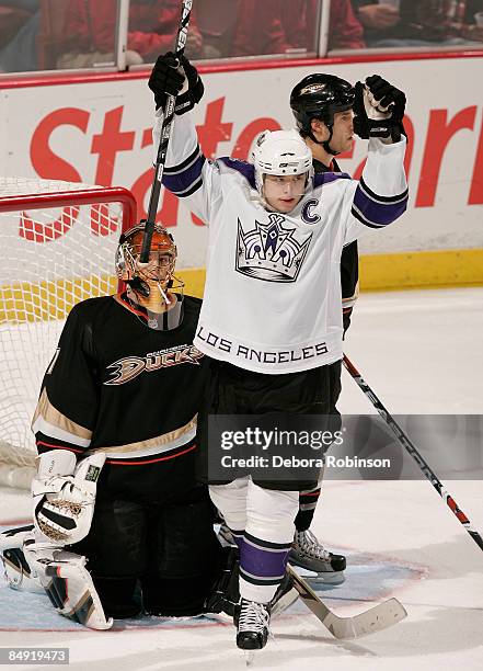 Dustin Brown of the Los Angeles Kings celebrates a third period goal against Jonas Hiller of the Anaheim Ducks during the game on February 18, 2009...