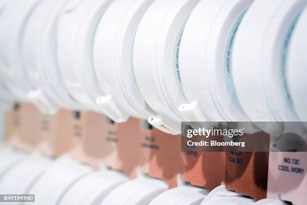 Compacts of different shades of foundations sit on display at a store of Laneige, an Amorepacific Corp. Cosmetic brand, in the Ion Orchard mall in...