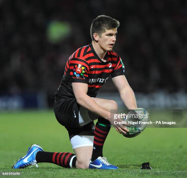 Saracens' Owen Farrell lines up a kick during the Heineken Cup, Pool One match at Vicarage Road, London.