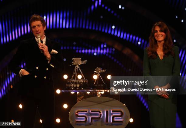 Winner of Sports Personality of the Year 2012, Bradley Wiggins gives his victory speech watched by The Duchess of Cambridge during the BBC Sports...