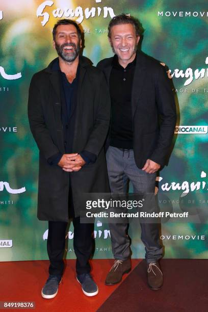 Director of the movie Edouard Deluc and actor of the movie Vincent Cassel attend the "Gauguin, Voyage de Tahiti" Paris Premiere at Cinema Gaumont...