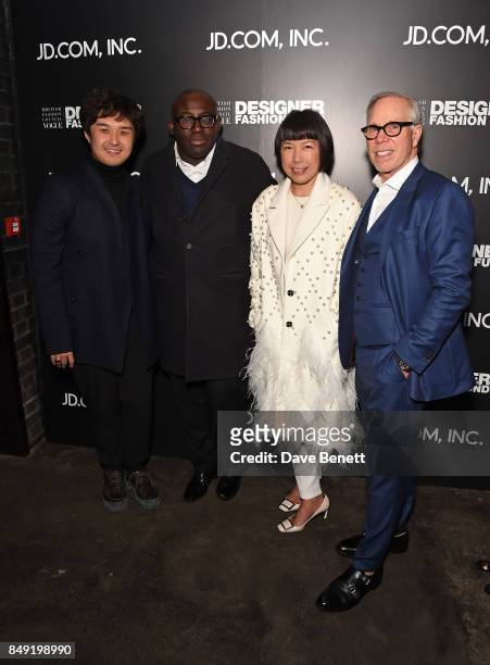 Huishan Zhang, Edward Enninful, Angelica Cheung and Tommy Hilfiger attend the BFC Vogue Fashion Fund and JD.COM cocktail party hosted by Caroline...