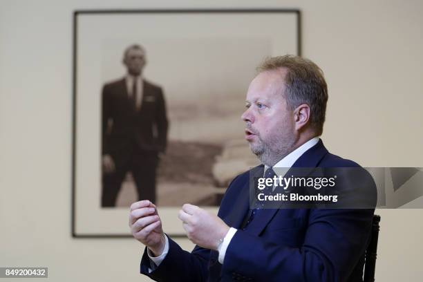 Andy Palmer, chief executive officer of Aston Martin Lagonda Ltd., speaks during a Bloomberg Television interview in Singapore, on Saturday, Sept....