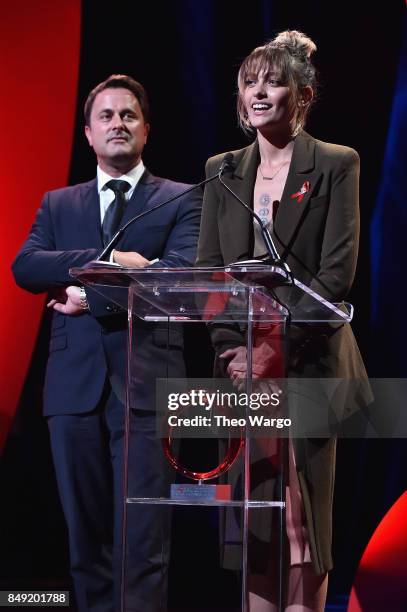 Prime Minister of Luxembourg Xavier Bettel and Paris Jackson speak onstage during Global Citizen Live! at NYU Skirball Center on September 18, 2017...