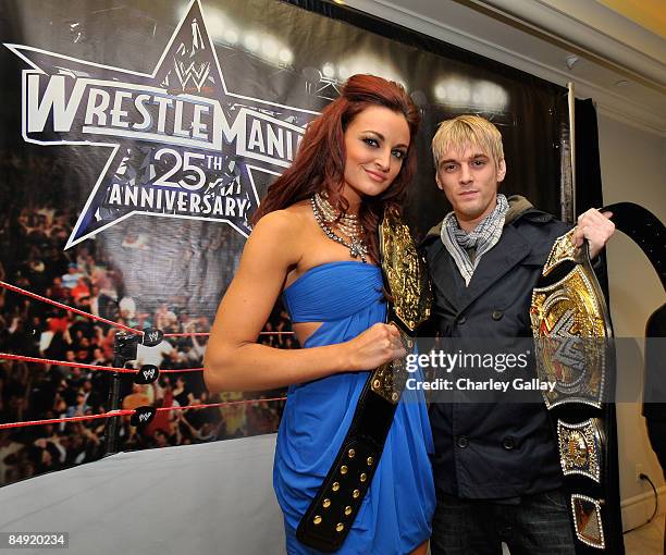 Diva Maria Kanellis and singer Aaron Carter attend WWE's opening night party honoring the 25th Anniversary of WrestleMania and 20th Century Fox/WWE's...