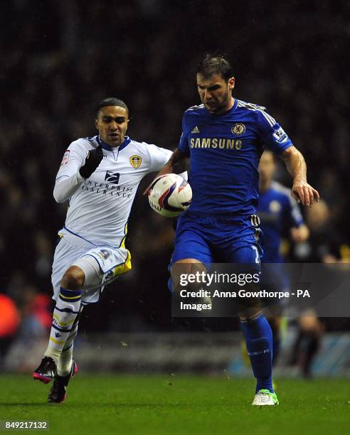 Chelsea's Branislav Ivanovic and Leeds United's Jerome Thomas battle for the ball