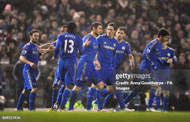 Chelsea's Juan Mata celebrates scoring his side's first goal with his team-mates