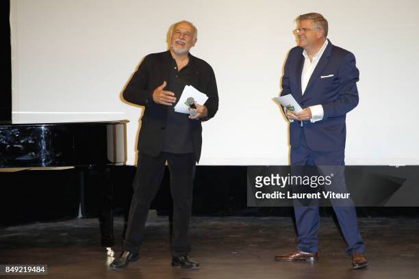 Francis Perrin and Sylvain Bonnet attend "Trophee Du Bien-Etre" award ceremony at Theatre des Mathurins on September 18, 2017 in Paris, France.