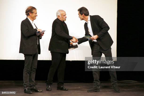 Francis Perrin, Frederic Saldmann and Raphael Enthoven attend "Trophee Du Bien-Etre" award ceremony at Theatre des Mathurins on September 18, 2017 in...