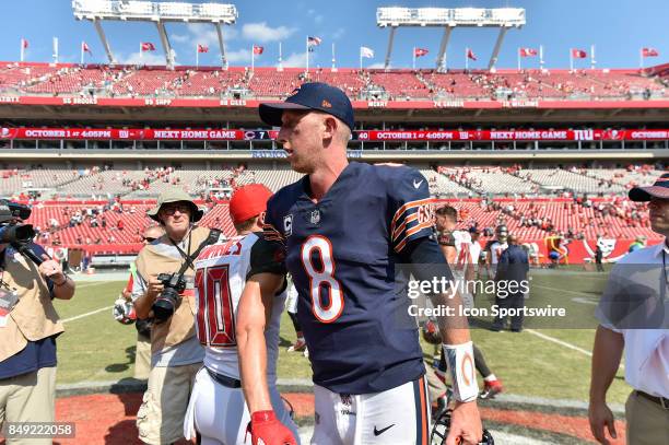 Chicago Bears quarterback Mike Glennon looks to meet opponents at center of the field after an NFL football game between the Chicago Bears and the...