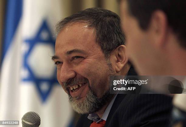 Avigdor Lieberman, leader of the ultra-nationalist Yisrael Beiteinu party, attends a meeting with Israeli President Shimon Peres in Jerusalem on...