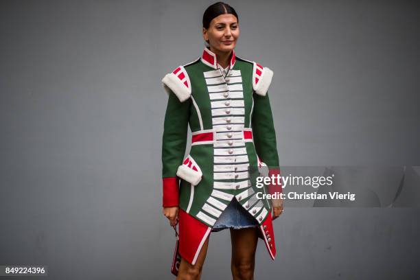 Giovanna Engelbert wearing circus jacket outside Erdem during London Fashion Week September 2017 on September 18, 2017 in London, England.