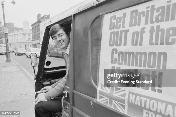 Leading member of the National Front Party Anthony Reed Herbert, in a van, campaigning to leave the European Economic Community, also known as...