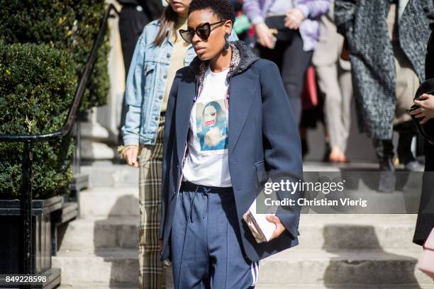 Donna Wallace outside Pringle of Scotland during London Fashion Week September 2017 on September 18, 2017 in London, England.