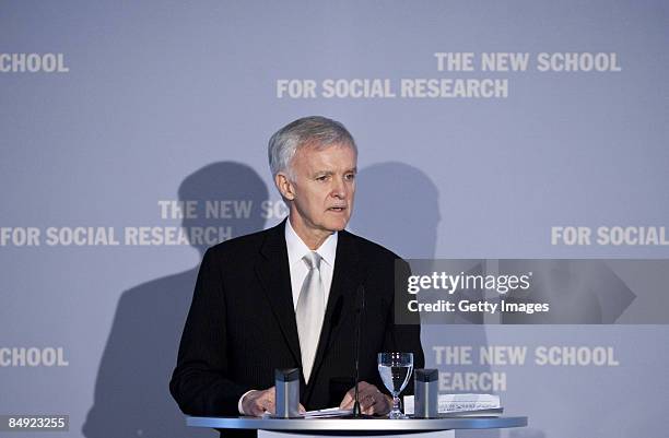 President of the New School For Social Research Bob Kerrey talks during the presentation of honorary degree of the New School to German Chancellor...