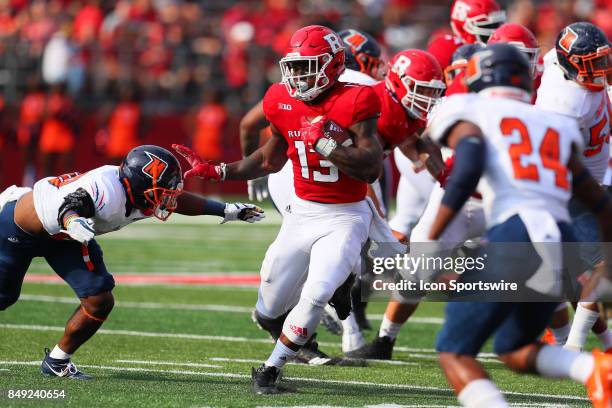 Rutgers Scarlet Knights running back Gus Edwards runs during the college football game between the Rutgers Scarlet Knights and the Morgan State Bears...