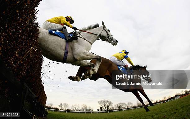 Pasco ridden by Sam Thomas jumps the last during the Weatherbys Cheltenham Festival Betting Guid 2009 during the at Huntingdon Race Course on...