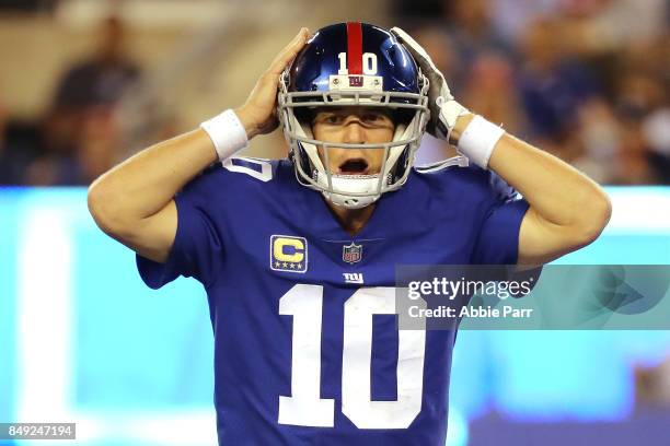 Eli Manning of the New York Giants calls a play in the fourth quarter against the Detroit Lions during their game at MetLife Stadium on September 18,...