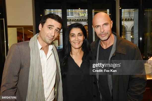 Actors Jean-Baptiste Martin, Fatima Adoum and Guy Amram attend 'Nuit Jovoy Rose Millesimee' at Jovoy Store on September 18, 2017 in Paris, France.