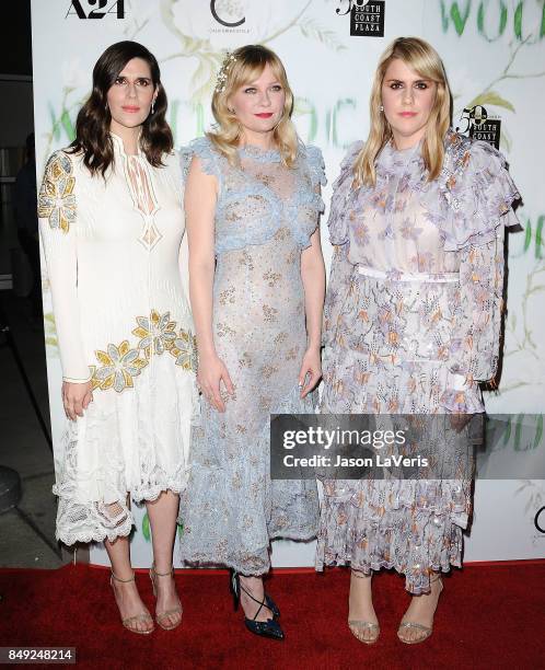 Laura Mulleavy, Kirsten Dunst and Kate Mulleavy attend the premiere of "Woodshock" at ArcLight Cinemas on September 18, 2017 in Hollywood,...