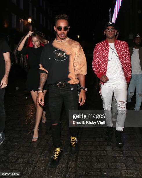 Barbara Palvin, Lewis Hamilton and Neymar seen at Miu Miu X LOVE Magazine party at No 5 Hertford Street during London Fashion Week September 2017 on...