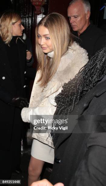 Gigi Hadid seen at Miu Miu X LOVE Magazine party at No 5 Hertford Street during London Fashion Week September 2017 on September 18, 2017 in London,...