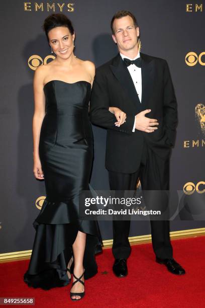 Screenwriters Lisa Joy and Jonathan Nolan attend the 69th Annual Primetime Emmy Awards - Arrivals at Microsoft Theater on September 17, 2017 in Los...