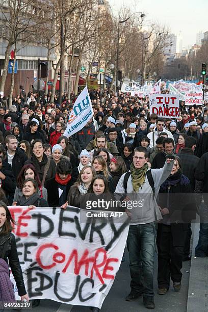 French students and teachers demonstrate on February 19, 2009 in Paris as part of a nationwide protest to denounce a government decree, reforming the...