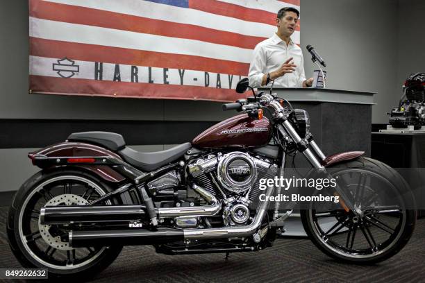 House Speaker Paul Ryan, a Republican from Wisconsin, speaks during a news conference following a tour of the Harley-Davidson Inc. Facility in...