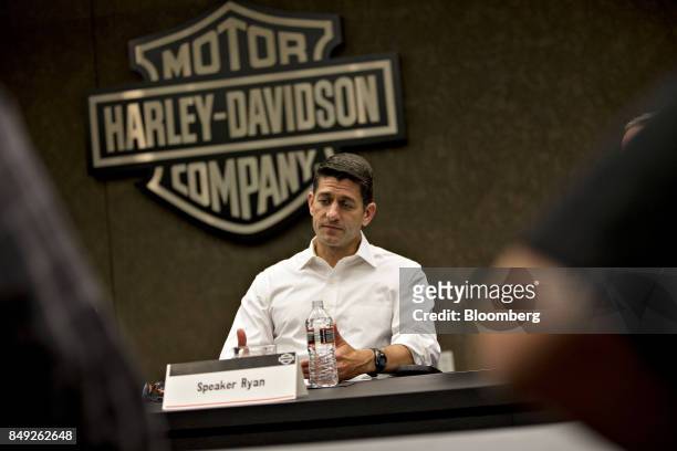 House Speaker Paul Ryan, a Republican from Wisconsin, pauses as he speaks during a roundtable with company representatives at the Harley-Davidson...