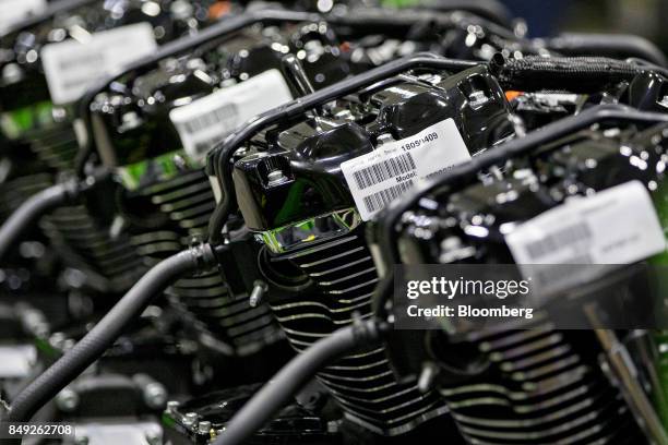 Engines sit on a rack at the Harley-Davidson Inc. Facility in Menomonee Falls, Wisconsin, U.S., on Monday, Sept. 18, 2017. The U.S. Has to get moving...