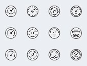 Meter icon set in thin line style. Symbols of speedometers, manometers, tachometers etc.