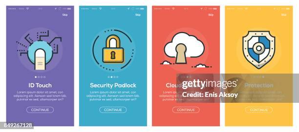 onboarding app screens and flat line security web icons for mobile apps - phone call button stock illustrations