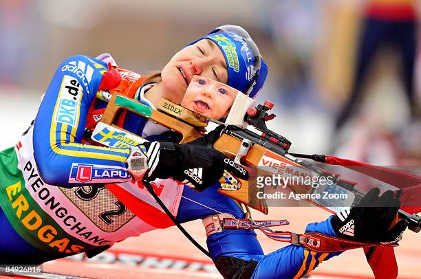 Anna Carin Olofsson-Zidek of Sweden takes 2nd place during the IBU Biathlon World Chanpionships - MIxed Relay event on February 19, 2009 in Pyeong...