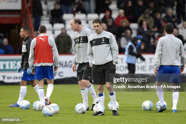 Coventry City coach Steve Ogrizovic and performance coach Darren Robinson during the warm-up