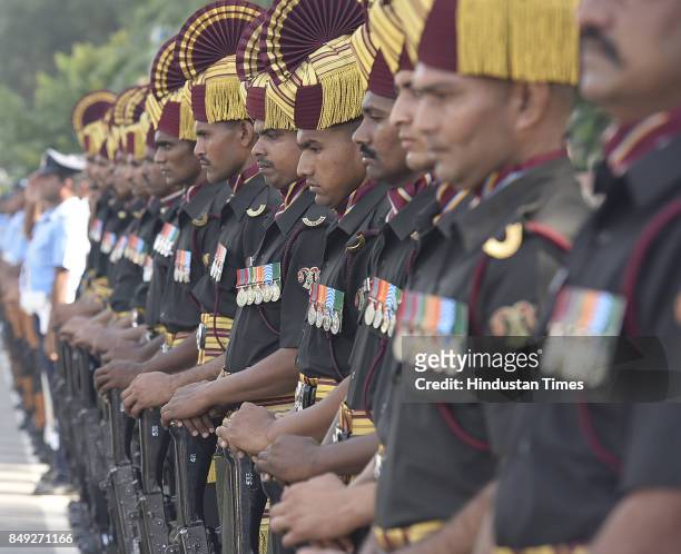 Soldiers give last salute to Air Marshal Late Arjan Singh during the cremation ceremony of the Marshal of the Indian Air Force Arjan Singh at Barar...