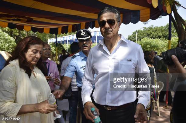 Late Arjan Singh's daughter Asha Singh and son Arvind Singh during the cremation ceremony of the Marshal of the Indian Air Force Arjan Singh at Barar...