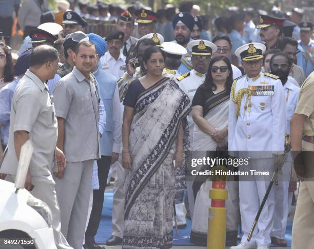 Defence Minister Nirmala Sitharaman leaves after attending the cremation ceremony of the Marshal of the Indian Air Force Arjan Singh at Barar Square...