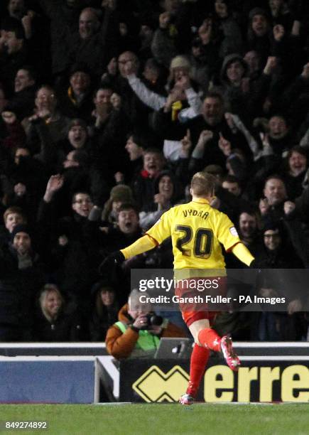 Watford's Matej Vydra celebrates his first goal during the npower Football League Championship match at the AMEX Stadium, Brighton.
