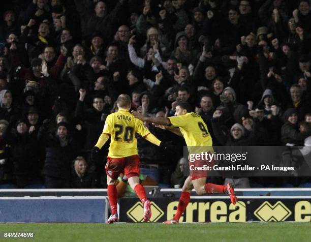 Watford's Matej Vydra celebrates his first goal with Troy Deeney during the npower Football League Championship match at the AMEX Stadium, Brighton.