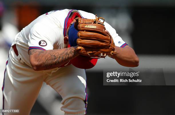 Pitcher Henderson Alvarez of the Philadelphia Phillies in action against the Oakland Athletics during a game at Citizens Bank Park on September 17,...