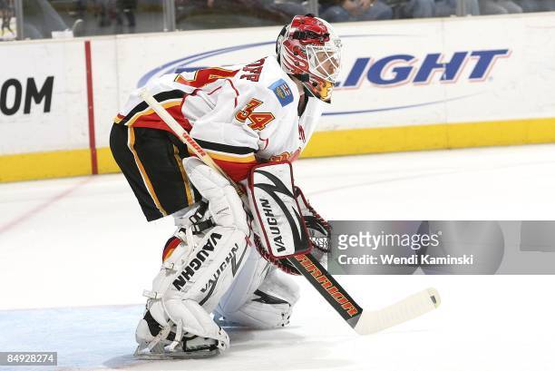 Miikka Kiprusoff the Calgary Flames defends in the crease against the Los Angeles Kings on February 12, 2009 at Staples Center in Los Angeles,...