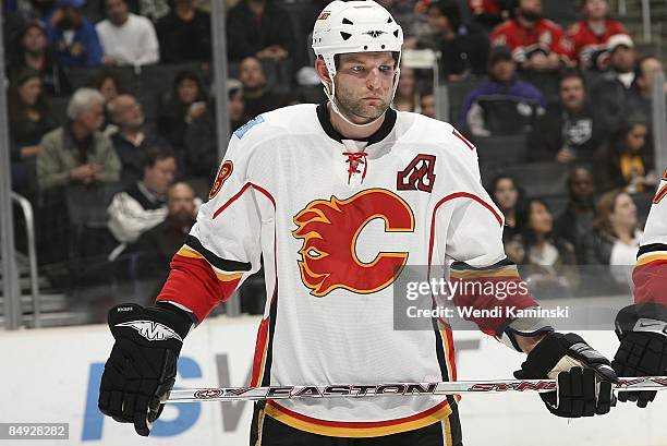 Matthew Lombardi the Calgary Flames skates on the ice against the Los Angeles Kings on February 12, 2009 at Staples Center in Los Angeles, California.