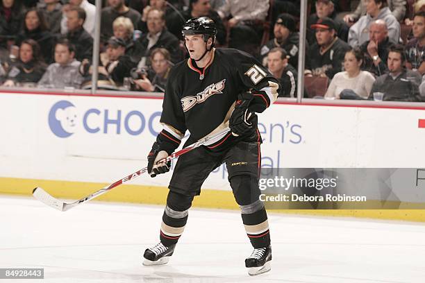 Sheldon Brookbank of the Anaheim Ducks skates on the ice against the Calgary Flames during the game on February 11, 2009 at Honda Center in Anaheim,...