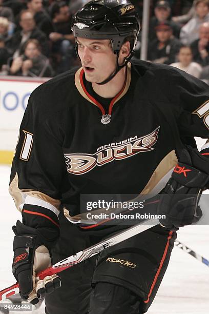Sheldon Brookbank of the Anaheim Ducks skates on the ice against the Calgary Flames during the game on February 11, 2009 at Honda Center in Anaheim,...