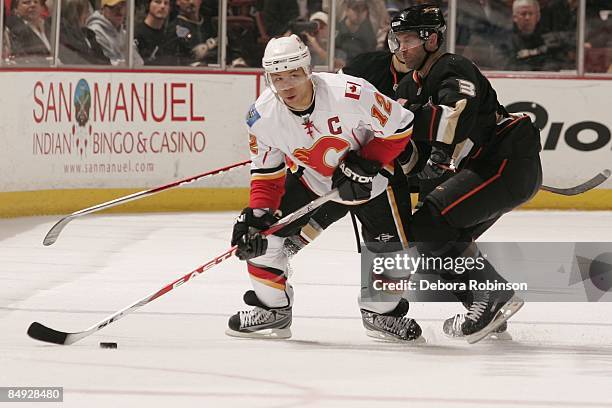 Jarome Iginla of the Calgary Flames drives the puck against Bret Hedican of the Anaheim Ducks during the game on February 11, 2009 at Honda Center in...