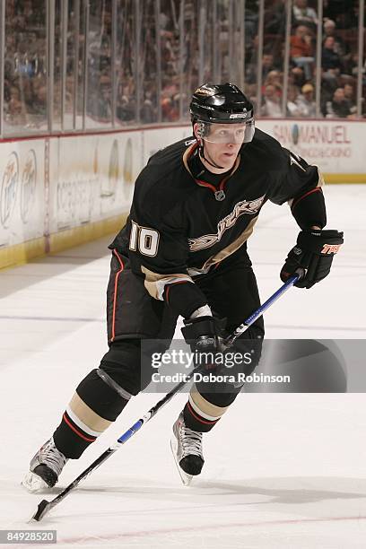 Corey Perry of the Anaheim Ducks skates on the ice against the Calgary Flames during the game on February 11, 2009 at Honda Center in Anaheim,...